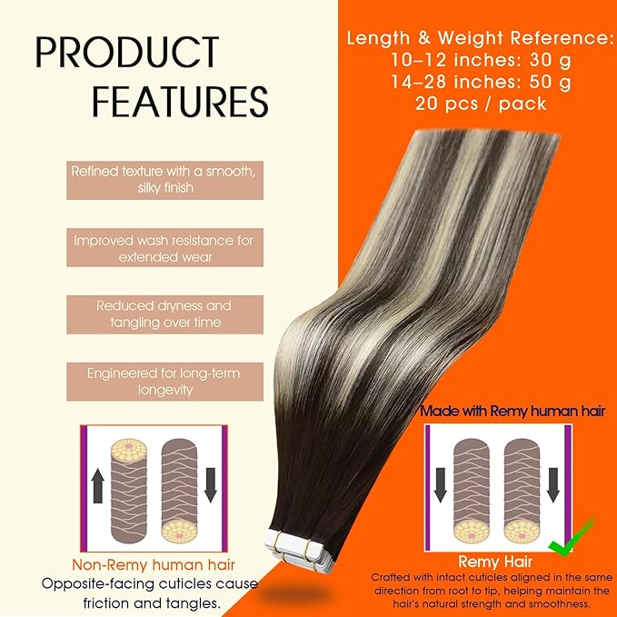 Full Shine Balayage Hair Extensions Real Human Hair Tape ins Color 2 Brown Ombre 60 Blonde Highlight 2 Brown 16Inch Double Sided Tape Extensions Remy 50Gram Seamless Skin Weft 20Pcs for Wedding