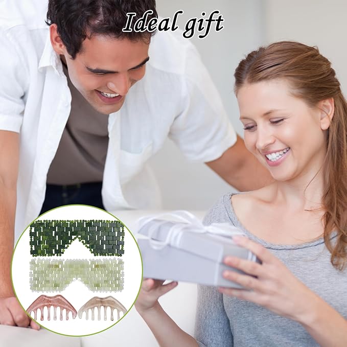 2 Jade Eye Mask and 2 Jade Comb Multi-Functional for Guasha Massage Facial Tools and Head Spa Tools Gifts, Totally 4 Pcs Esthetician Supplies (Both Colors)