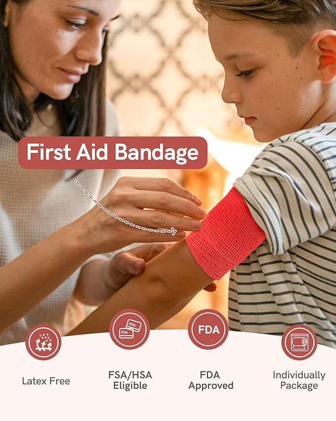 FriCARE Self Adhesive Bandage Wrap, Medical Tape in First Aid Kit, Cohesive Bandages for Wounds Sport Vet, 2 Inches X 5 Yards 16 Rolls, Rich