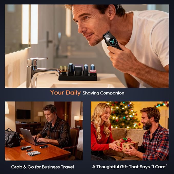 Beard Trimmer for Men, Magnetic Snap-on Replacement Heads & Charging Dock, IPX7 Waterproof Cordless Hair Clippers, Mens Grooming Kits for Mustache/Body/Face/Ear/Nose, Gray