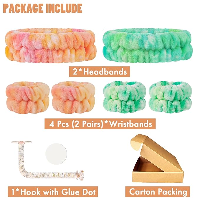 Face Wash Headband and Wristband Set of 2, Microfiber, Green and Orange, for Women, Personal Care Accessories