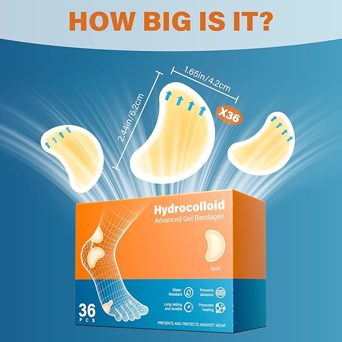 36pcs Hydrocolloid Gel Blister Bandages Pads Waterproof Adhesive Blisters Bandages - Blister Pads for Heel, Foot, Toe, Feet - Gel Blister Chshions for Prevention & Recovery (Spot Pack, Count, 36)