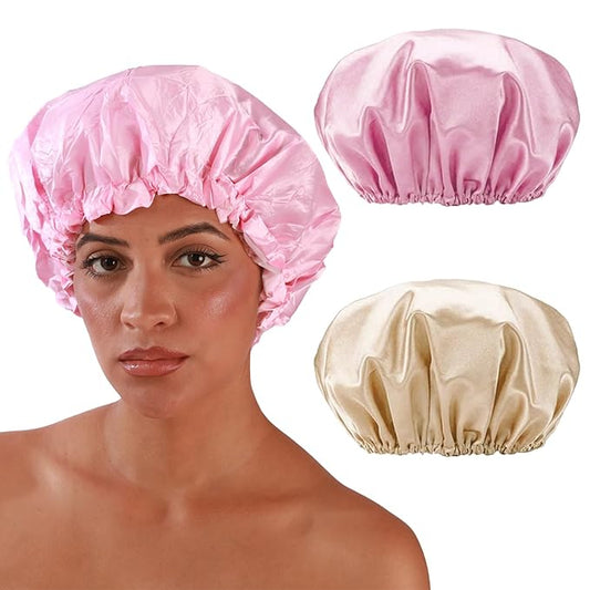 Smilco 2 Pack Shower Caps for Women, Reusable Waterproof Double Layer Bath Cap, Large EVA Elastic Hair Cover for Shower, Fits Long Hair & Braids, for Spa & Home