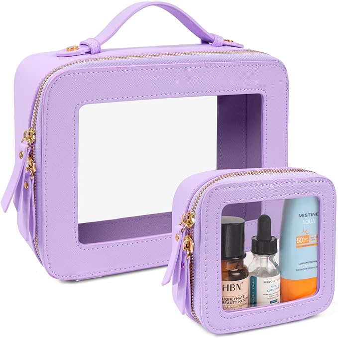LETGO Clear Makeup Bags Set - TSA Approved Toiletry Bag with Handle Large Opening, Clear Toiletry Bags Case Pouch for Travel Essentials Car Accessories for Women Men (0-2Pack-Purple)