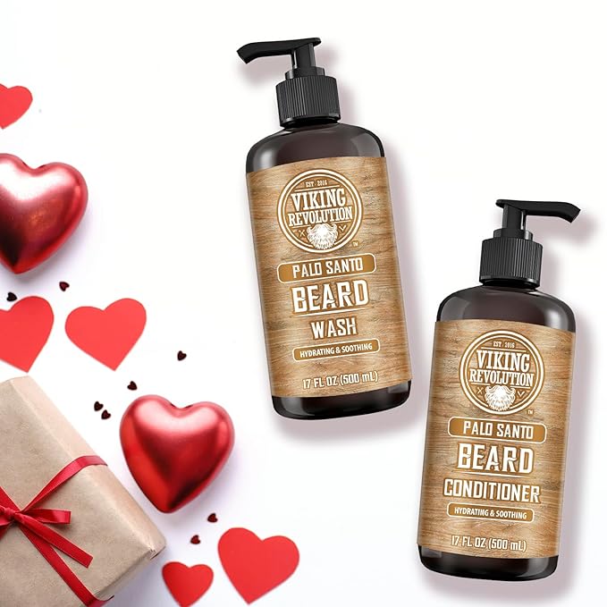Viking Revolution Palo Santo Beard Wash and Beard Conditioner Set with Argan and Jojoba Oils - Softens and Strengthens - Natural Palo Santo Scent - Beard Shampoo with Ginseng Root Extract (17 oz)