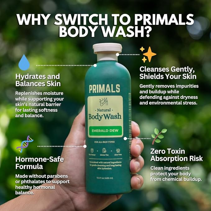 PRIMALS Natural Body Wash - Aloe Vera, Raw Honey, Green Tea - Natural Ingredients - Zero Artificial Fragrances, Sulfates, Parabens, or Dyes - 13.5 Fl Oz