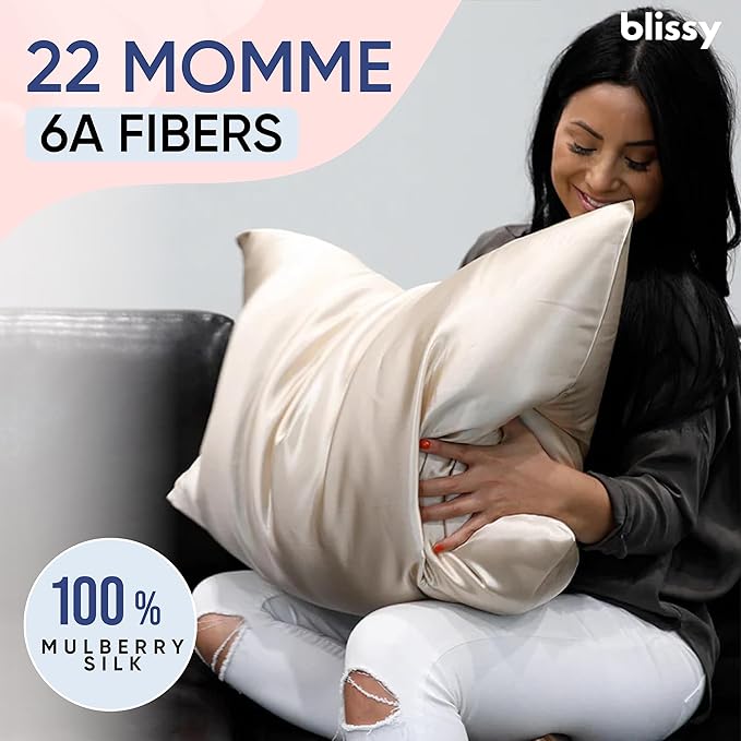 Blissy Silk Pillowcase - 100% Pure Mulberry Silk - 22 Momme 6A High-Grade Fibers - Silk Pillow Cover for Hair & Skin - Regular, Queen & King (Champagne, Queen)