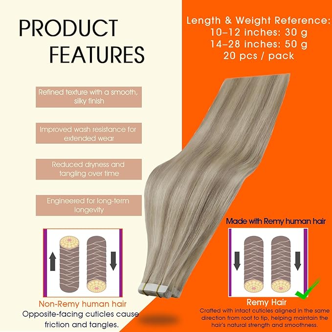Full Shine Blonde Tape in Hair Extensions 16Inch Tape ins Real Human Hair Extensions Highlight Color 18 Ash Blonde Mix With 613 Seamless Real Human Hair Double Side Tapes Extensions 50G Tape ins 20Pcs