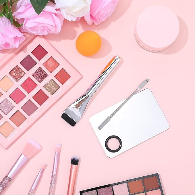 Ouligay 3 Pcs Make Up Spatula Tool Including Makeup Mixing Palette,Foundation Spatula,Makeup Palette Tray,Makeup Accessories Set for Women Girl Korean Makeup Cosmetic Spatula Tool(Metal)