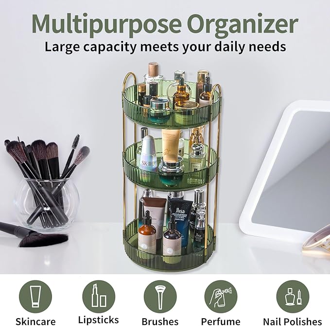 360 Rotating Perfume Organizer,3 Tier Large Capacity Make Up Organizers and Storage,Makeup Organizer for Bathroom,Cosmetic Perfume Stand Holder (Green-3 Tier)
