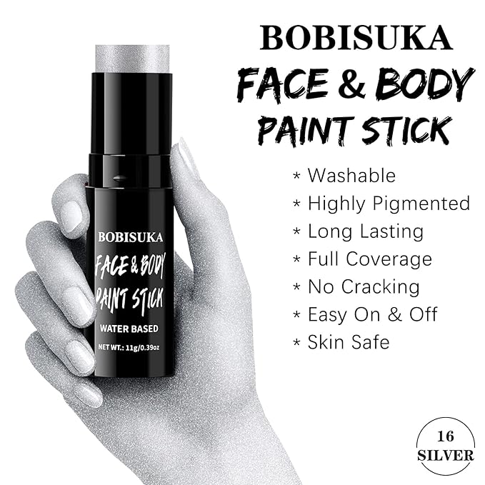BOBISUKA Metallic Silver Face & Body Paint Stick Water-Based Washable Face Paint Makeup Stick for Halloween Skull, Goth, Robot, Ice Queen, Galaxy, Cosplay, SFX, Sports Eye Black & Costume Party