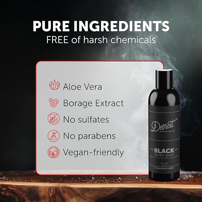 Detroit Grooming Co. Beard Wash - Men's Deeply Cleansing Shampoo for Beards and Mustaches - Aloe Vera and Essential Oils for Refreshing - Cedarwood & Amber Scent - Black Edition - 8oz