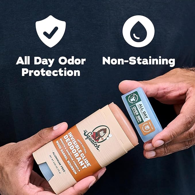 Dr. Squatch Invisible Glide Natural Men’s Deodorant – Smooth Glide, No Stains – Aluminum Free Deodorant Men – Safe for Sensitive Skin – Wood Barrel Bourbon + Rainforest Rapids, 2.65oz (2-Pack)