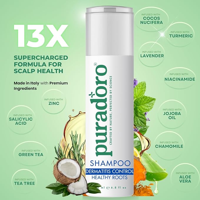 Puradoro Dermatitis Control & Healthy Roots Shampoo – Soothes Seborrheic Dermatitis, Reduces Sebum, Infused with Tea Tree, Jojoba & Chamomile, Natural Scalp Relief For Men & Women