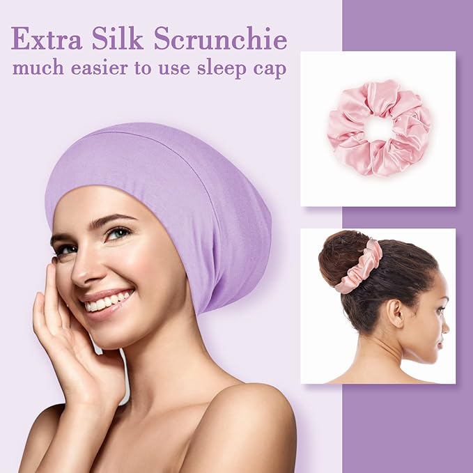 LULUSILK Mulberry Silk Bonnet for Sleeping Women, Real Silk Sleep Cap for Curly Hair and Braids, Pure Head Wrap with Scrunchies, Lavender