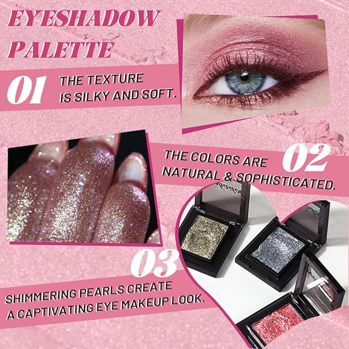 Sparkly Eyeshadow Palette for Women, Single Monochrome Eye Shadow Makeup, Shiny Pressed Cream Powder, Blendable Natural sombras para ojos, Holographic,Vegan,Travel (04-Glitter-Rose Pink)