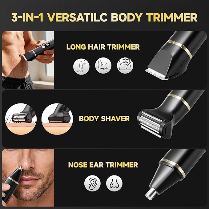 Beard Trimmer for Men, IPX7 Waterproof Body Hair Trimmer Electric Razor Shaver Body Grooming Kit Wet/Dry Use for Groin, Nose, Ear Hairs, Beard, Legs, Chest (Black)