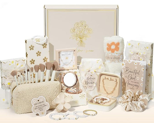 Valentines Day Gifts for Tween & Teen Girls - 8 PCS Birthday Gift Basket Teenage Girl Gifts Trendy Stuff w/ Fun Task Tags Makeup Brushes & Bag, Empower Positive Wrapped Gift Box for Daughter Niece