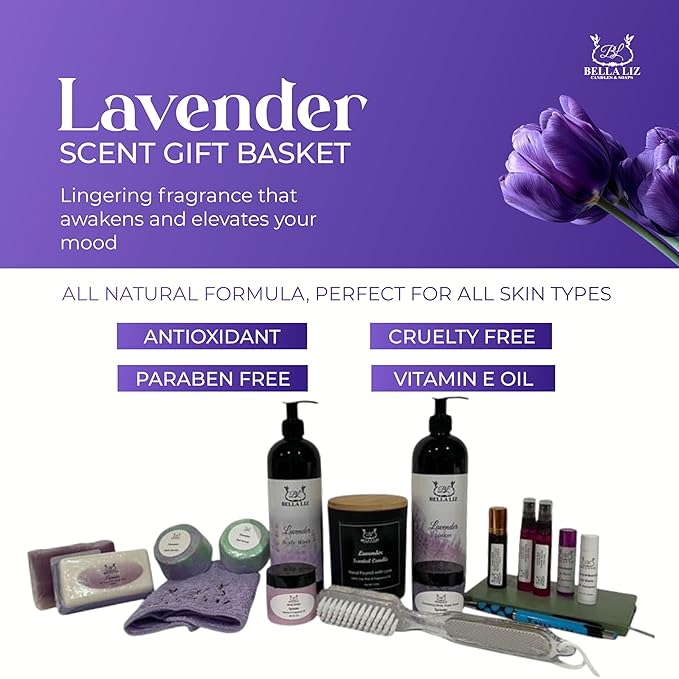 Bella Liz Lavender Gift Set – 14 piece Spa Set with Soy Candle, Handmade Soaps, Body Wash & Lotion, Bath Bombs, Lip Balms, Sugar Scrub, Body Butter & More – Self-Care Gift