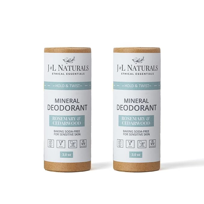 J&L Naturals Mineral Deodorant | Baking Soda-Free, 100% Natural, Sustainable | Sensitive Deodorant For Women & Men | Aluminum Free, Vegan, Cruelty-Free (Rosemary & Cedarwood, 3 Oz (Pack of 2))