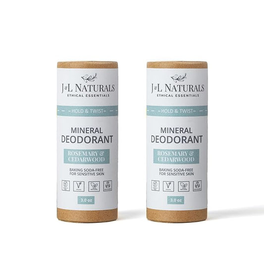J&L Naturals Mineral Deodorant | Baking Soda-Free, 100% Natural, Sustainable | Sensitive Deodorant For Women & Men | Aluminum Free, Vegan, Cruelty-Free (Rosemary & Cedarwood, 3 Oz (Pack of 2))