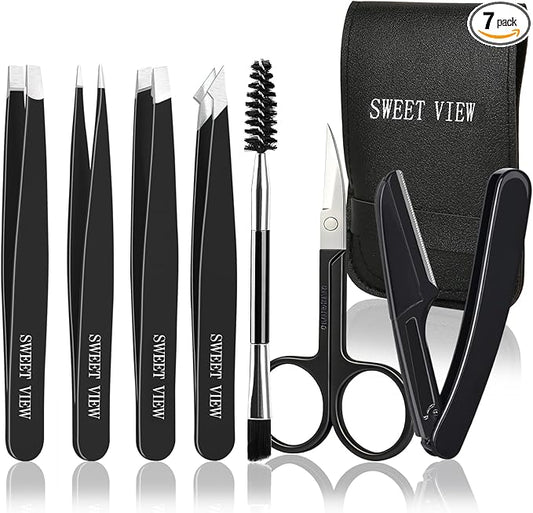 7pcs Eyebrow Tweezers Kit for Women Precision Plucker with Brow Scissors & Razor & Spoolie for Facial, Chin, Brow, Splinter and Ingrown Hair