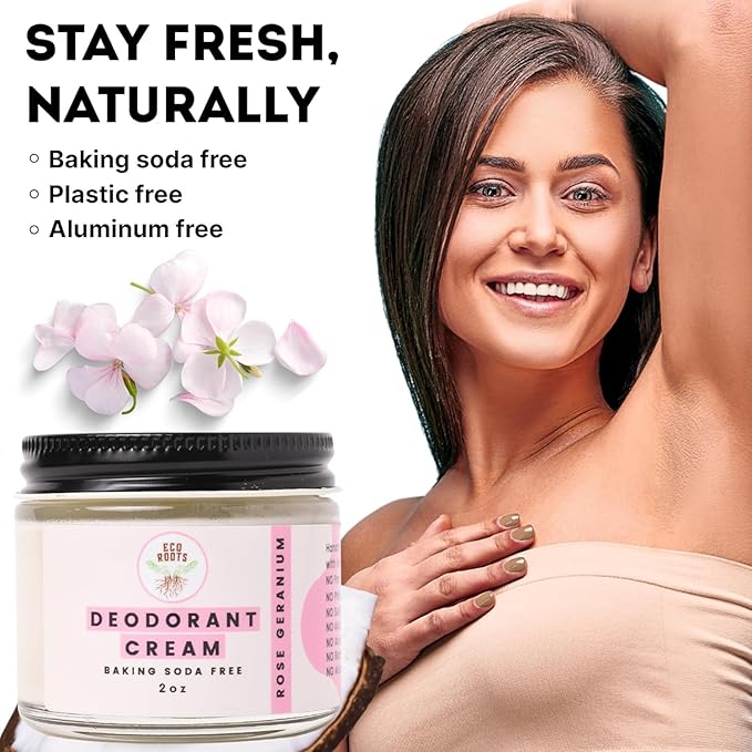 ECO ROOTS Natural Deodorant for Women & Men | Organic Deodorant Cream Non Aluminum | Baking Soda Free Healthy Deoderant for Body & Private Parts | All Vegan Pit Paste Zero Sweat | Rose Geranium Scent