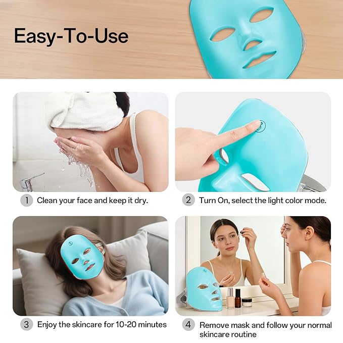 SUERBEATY Red Light Mask For Face, 7-1 Colors Red Light Face Mask, Facial Skincare At Home, Cordless, Portable and Rechargeable, Turkish Blue