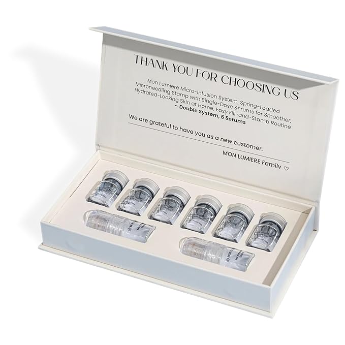 Mon Lumiere Micro-Infusion System - 0.25mm Gold Derma Spring-Loaded Stamp with PDRN & Peptides - At-Home Facial Kit for Collagen Boost & Fine Lines - Includes 6 Single-Dose Serums - Starter Kit