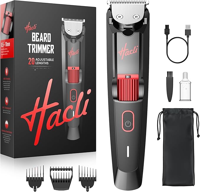 Men's Beard Trimmer with Precision Dial, 20 Adjustable Length Settings for Beard Mustache & Facial Grooming, Cordless Rechargeable, Professional Hair Clipper IPX7 Waterproof Wet/Dry Use, Red