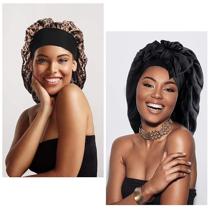 Arqumi 2 Pcs Cheetah-Print Satin Silk Bonnet for Sleeping Women with Long Strap Tie Band, Large Adjustable Cute Sleep Night Cap Hair Bonnet for Men Short Hair, Black+Leopard