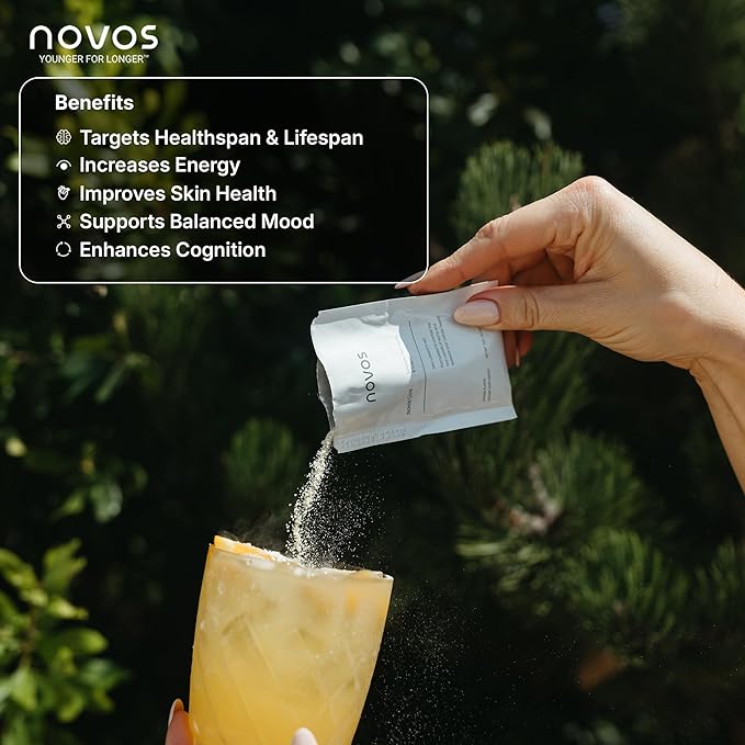 NOVOS Core Longevity Mix, Anti-Aging Supplement, Drink Powder Packet Orange Flavor - Skin Support, Energy, Mood, Sleep and Cognition Support - 30 Servings