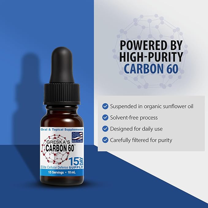 Greska's Carbon 60 in Organic Sunflower Oil - 15 Day Supply - Solvent-Free C60 Antioxidant Formula for Cellular Support, Vitality, Focus & Overall Wellness (10ml)