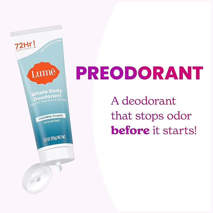 Lume Whole Body Deodorant - Invisible Cream Tube - 72 Hour Odor Control - Aluminum Free, Baking Soda Free, Skin Safe - 3.0 ounce (Unscented)