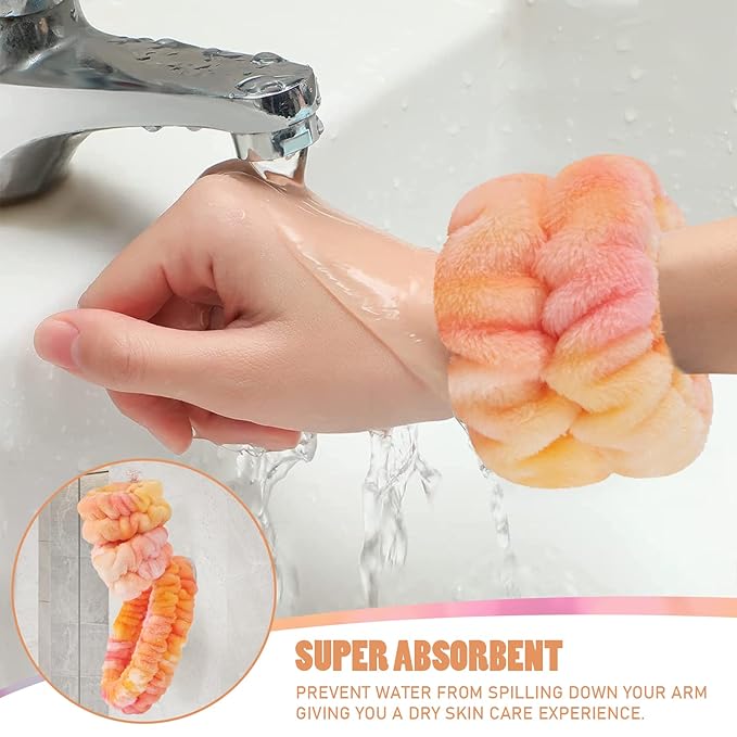 Face Wash Headband and Wristband Set of 2, Microfiber, Green and Orange, for Women, Personal Care Accessories