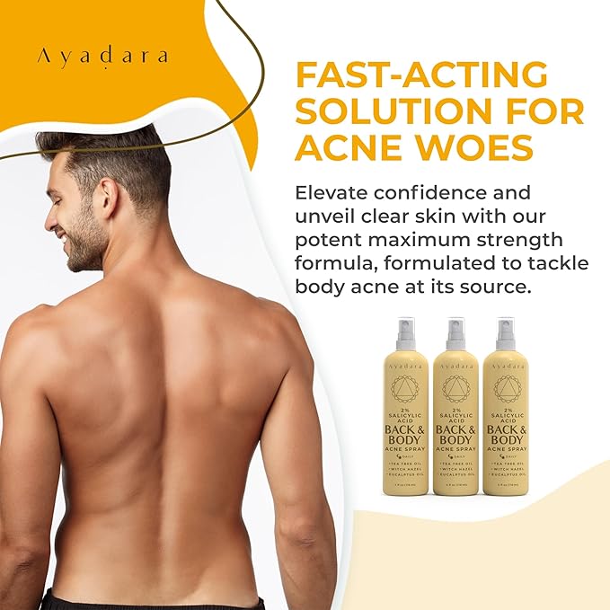 Acne Body Spray with 2% Salicylic Acid, Back & Body Acne, Cystic Back Acne Spray Chest, Butt and Body Acne for Hormonal, Bacne for Teens Adults, 3-Pack