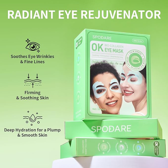 OK Shape Eye Masks, 360° Fit Under Eye Patches with Collagen and Lavender Flower Extract, Firming Eye Masks for Puffy Eyes, Wrinkles, Self Care Gifts for Women - 6 Pairs, Calm Green