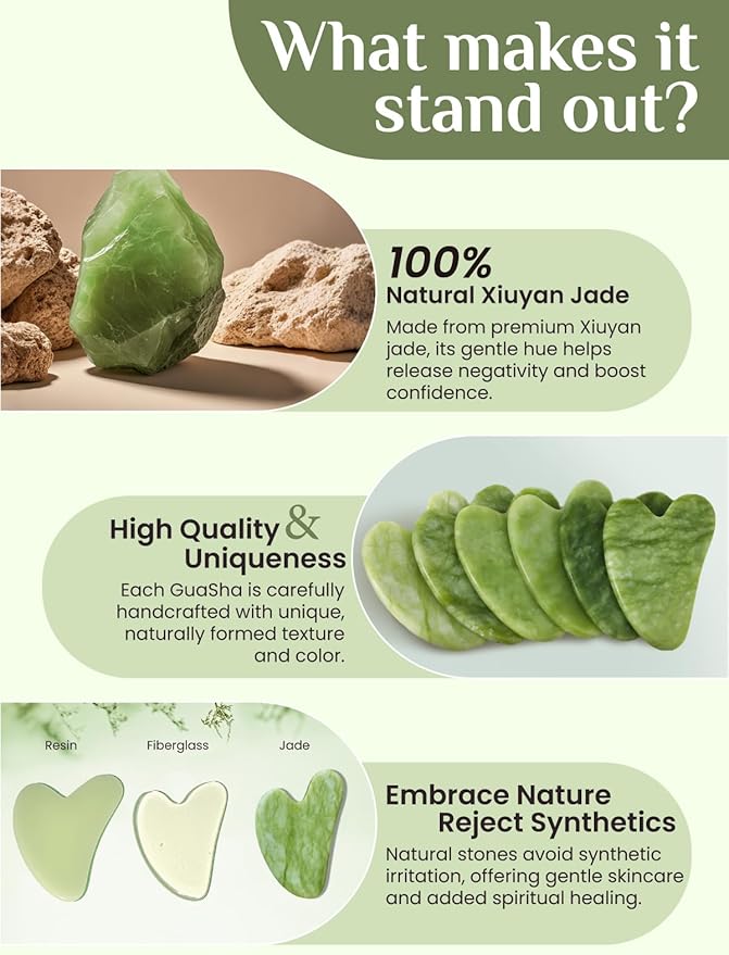 Rena Chris Gua Sha Facial Tools, Xiuyan Jade Stone Guasha Tool for Face Massage, Manual Facial Massager Tool for Jawline Sculpting and Puffiness Reduction with Silicone Case (Green)