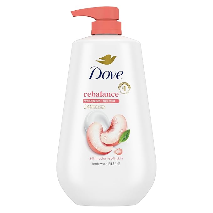Dove Body Wash Rebalance White Peach & Rice Milk For 24hr Lotion-Soft Skin Moisturizing Skin Cleanser with No Sulfates No Parabens 30.6 oz