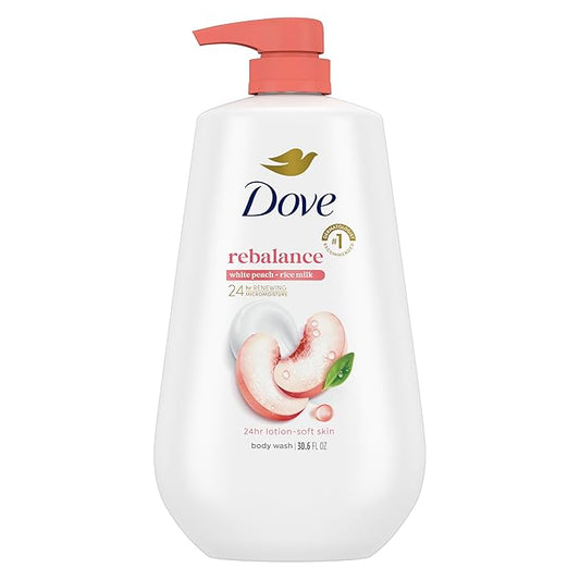 Dove Body Wash Rebalance White Peach & Rice Milk For 24hr Lotion-Soft Skin Moisturizing Skin Cleanser with No Sulfates No Parabens 30.6 oz