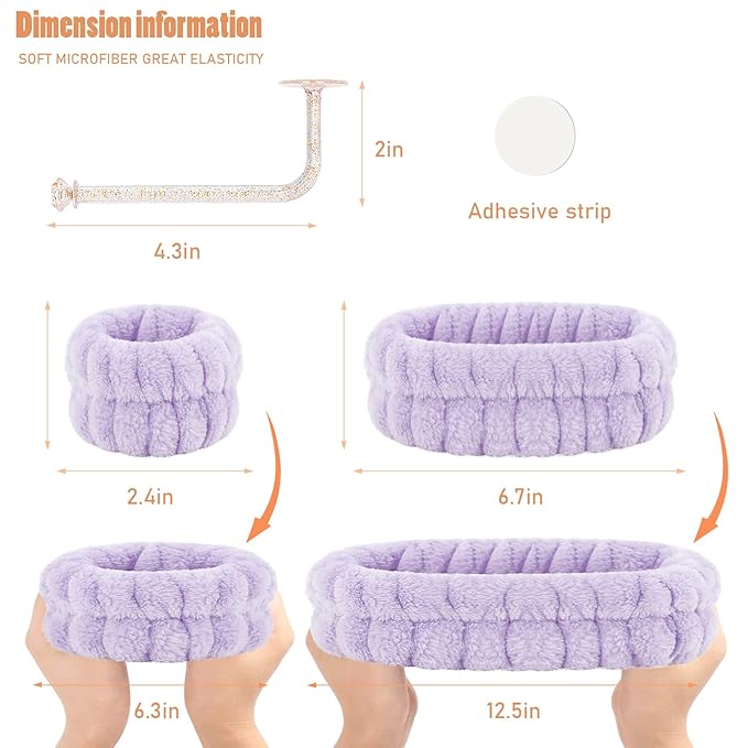 Face Wash Headband and Wristband Set of 2, Purple and Blue, Microfiber, Fitness, Unisex, with Wrist Towel Holder