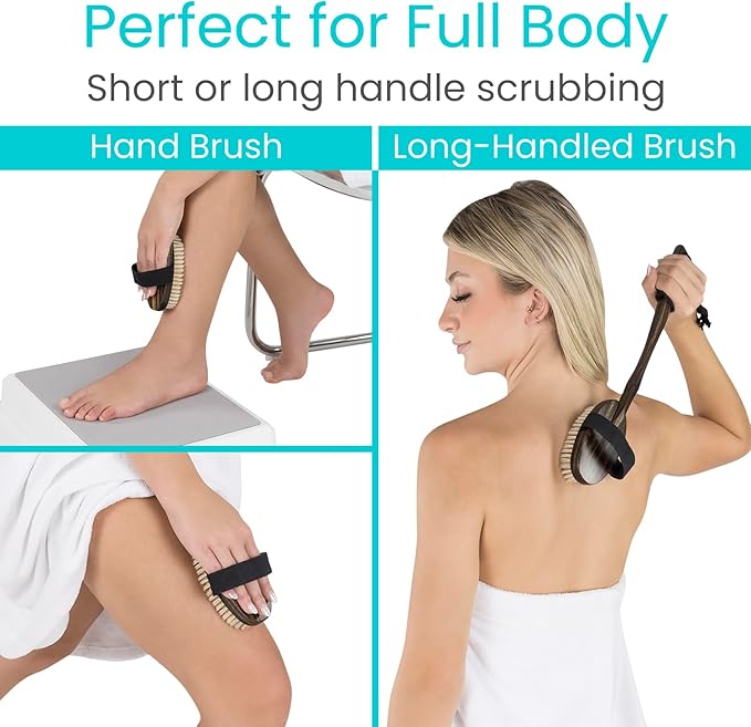 Vive Dry Brush Set for Lymphatic Drainage (3 Pieces) - Brushing Scrubber for Exfoliating, Body Cellulite and Skin Massage - 100% Natural Boar Hair Bristles, 14” Long Dark Wooden Handle w/Storage Bag