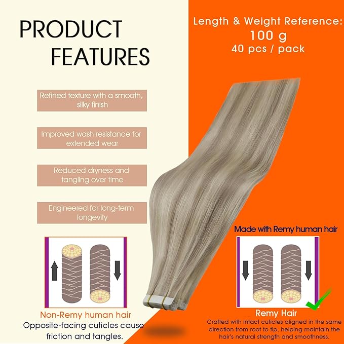 Full Shine Ash Blonde Tape in Hair Extensions Color 18P613 Highlighted Tape in Extensions 20Inch 100G Straight Soft Extension Seamless Skin Weft for Women Daily Office Look 40Pcs