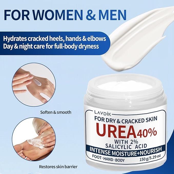 40% Urea Cream with 2% Salicylic Acid, Maximum Strength Moisturizer for Dry, Cracked Skin on Feet, Hands, Heels, Elbows, and Knees, 5.29 OZ