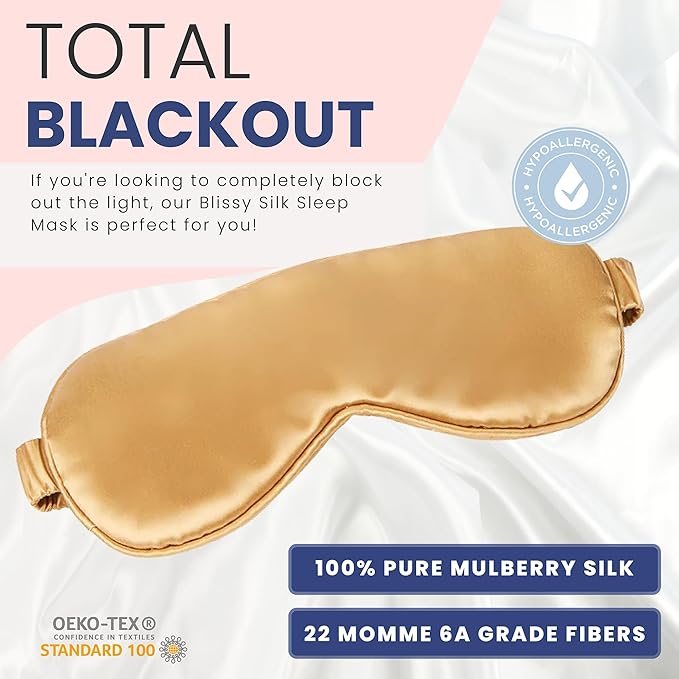 Blissy Silk Sleep Mask - Eye Sleeping Mask for Women & Men for Total Blackout - 100% Pure Mulberry Silk, 22 Momme 6a Fibers - Blindfold Sleep Mask Side Sleeper Eye Cover (Gold)