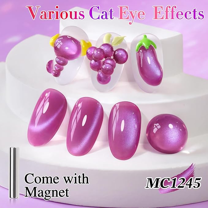 Double Rhythm 15ML Ice Glass Cat Eye Gel Polish with Magnet Holographic Glitter Shimmer Translucent Sheer Color Salon Soak Off Magnetic Nail at Home (Grape Purple-MC1245)
