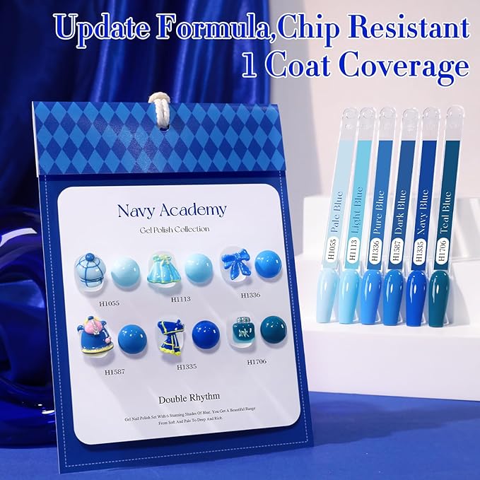 Double Rhythm 6 Pcs Hema Free Gel Polish Set 0.50 OZ Same Color Same Bottle Soak Off Neutral Natural Milky Gel Polish Kit Nail Art Manicure Salon DIY at Home (Pastel Blue Navy-H6-7)