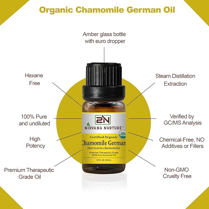 Chamomile German Essential Oil USDA Certified Organic, 100% Pure Natural Premium Grade, Undiluted- Aromatherapy Diffuser for Calm and Relaxation, Skin Care, Hair Care