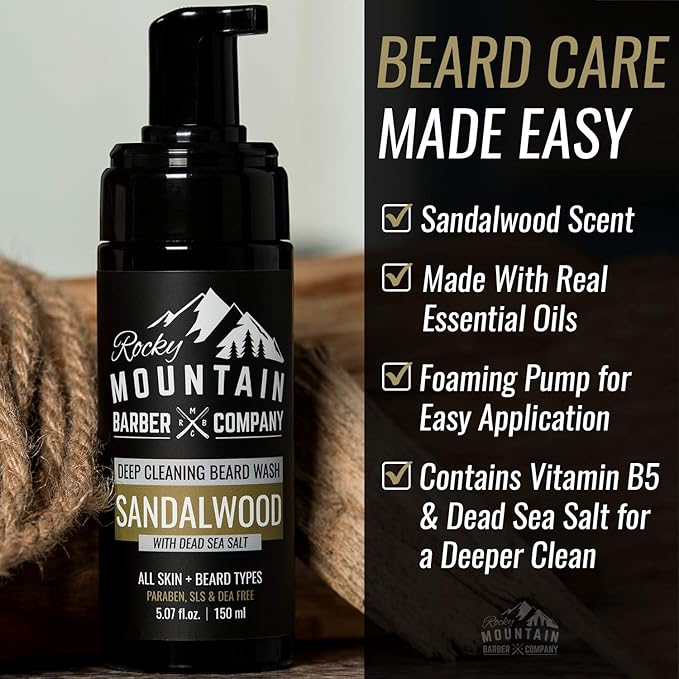 Rocky Mountain Barber Company Foaming Sandalwood Beard Wash – With Sandalwood Essential Oil, Vitamin B5 & Dead Sea Salt - 5 oz