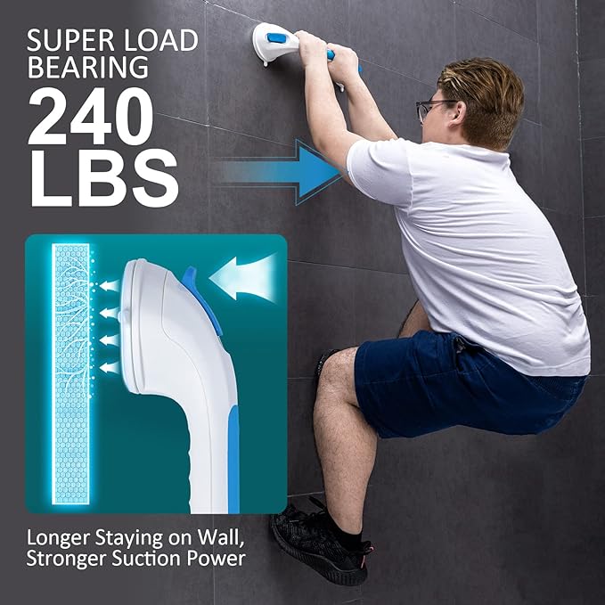 TAILI Shower Grab Bar Glow in The Dark, 2 Pack 16.8 in Grab Bars for Bathtubs and Showers,Shower Handles Shower Rails for Seniors and Elderly,Bathroom Safety Grip Removable No Drilling Waterproof Blue